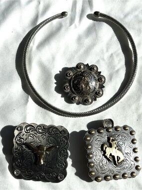 Western-Inspired Collar Necklace with 3  Decorative Conchos silver gold tones